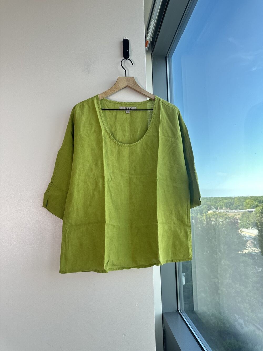 FLAX Green Woven Linen Scoop Neck 3/4 Sleeve Pullover Top Women's S